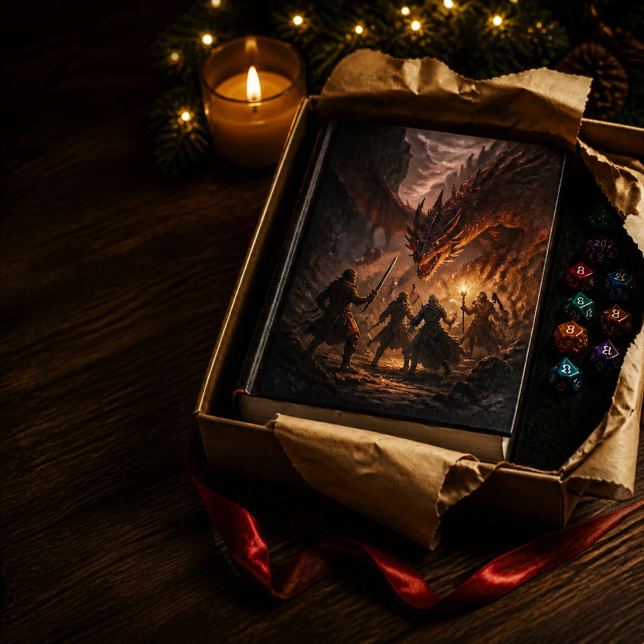 Cadeau de Noël ouvert contenant un livre de jeu de rôle et des dés